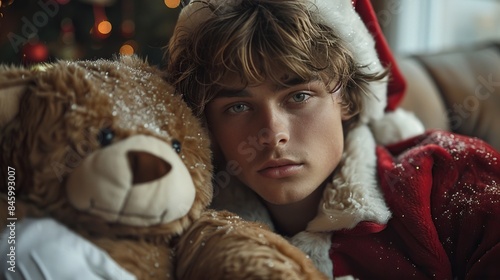 a 18 year old handsome white man posing in a santa claus suit next to a teddy bear, in the style of snapshot aesthetic, chinapunk, oshare kei, ballet academia, 32k uhd, dau al set, cut/ripped  photo