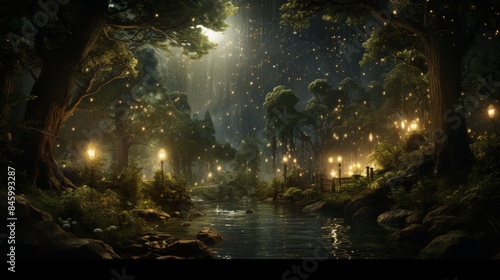 Enchanting forest night fireflies illuminate the dark, crafting a magical ambiance