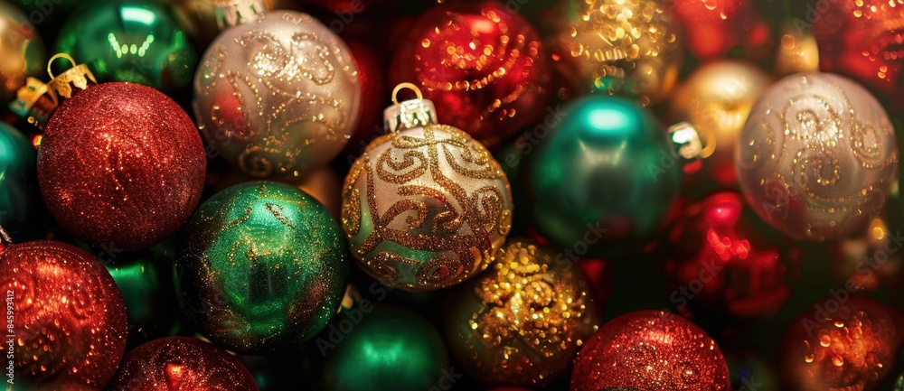 Shiny christmas baubles in red, green, and gold bring festive joy and color, sparkling and glittering to create a merry atmosphere. Perfect for spreading holiday cheer and setting a festive mood Shiny christmas baubles in red, green, and gold bring festive joy and color, sparkling and glittering to create a merry atmosphere. Perfect for spreading holiday cheer and setting a festive mood