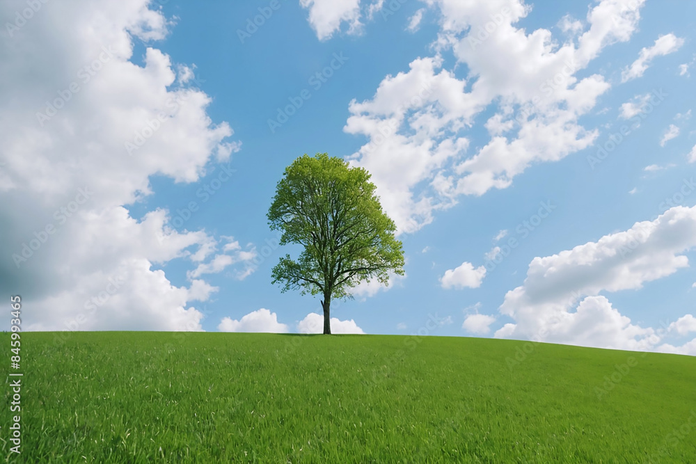 Obraz premium Tree on the field green nature grass hill landscape with sky