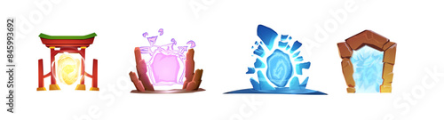 Futuristic portals to fairy world, vector set of fantasy game gates to dimensions, magic teleport, arch between universe