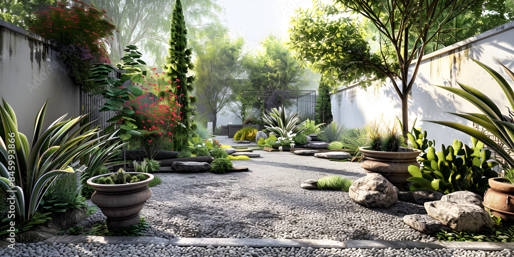 path in the garden, A tropical garden pathway with stepping stones leading to a white building surrounded by lush green, Creating a Dreamy Landscape A Caucasian Landscaper Transforming a New, 