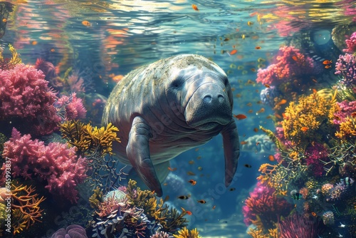 A serene underwater scene featuring a manatee swimming among vibrant coral reefs filled with colorful fish and marine life.
