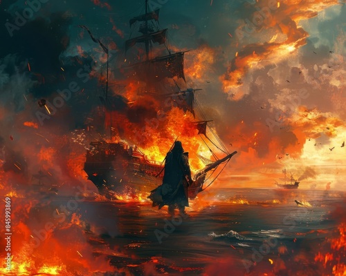 Wallpaper Mural Dramatic seascape with a blazing ship on fire, covered in intense flames and thick smoke, creating a powerful and evocative scene. Torontodigital.ca