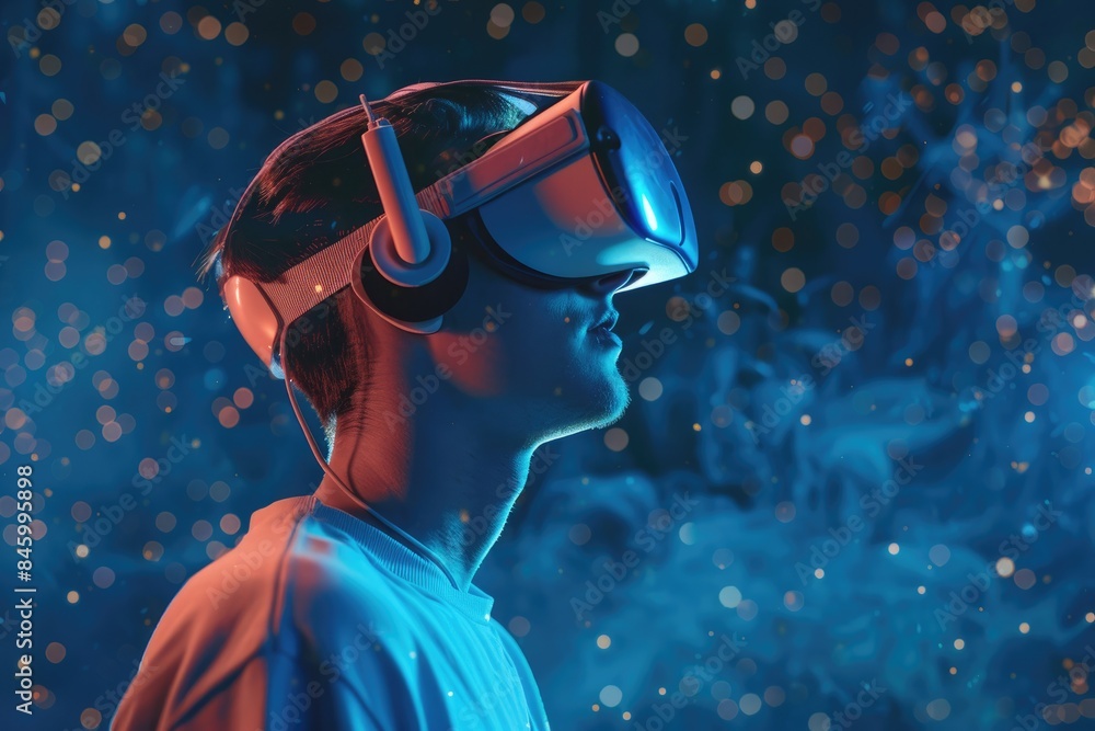Young man in VR glasses explores adventurous virtual world. Technology future. Young man in VR glasses explores adventurous virtual world. Technology future.