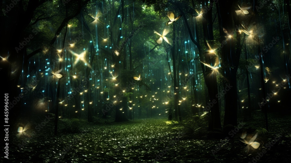Obraz premium Spellbinding firefly display creating mesmerizing lights in a picturesque forest clearing
