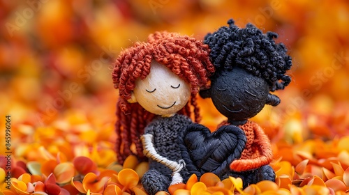 Dolls a white girl with red curls with a black boy with a heart are sitting on a orange background