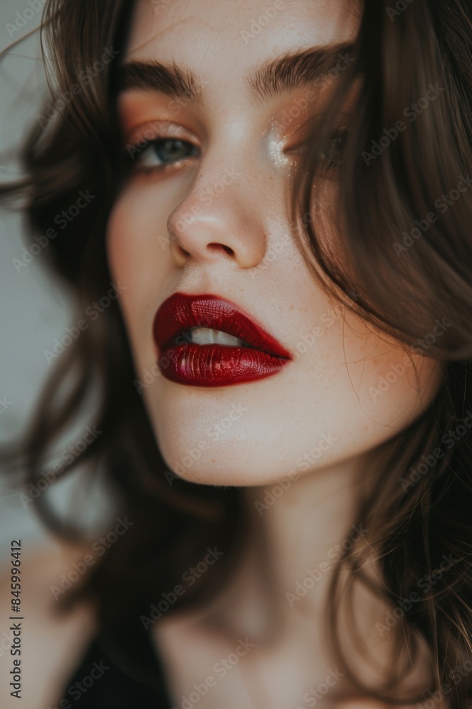Brunette Fashion Model: Model's lips adorned with bold red lipstick and neutral make-up. Head turned to gaze towards camera. Fashion. Beauty. Cosmetics. Salon. Brunette Fashion Model: Model's lips adorned with bold red lipstick and neutral make-up. Head turned to gaze towards camera. Fashion. Beauty. Cosmetics. Salon.