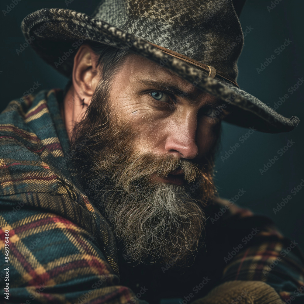 A bearded man with a worn hat and flannel A bearded man with a worn hat and flannel