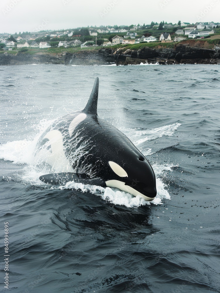 Fototapeta premium Majestic Orca Whale Surfacing in Ocean Near Coastal Town with Houses on Cliffside Background - Marine Wildlife Photography