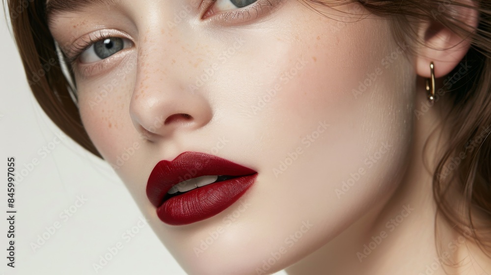 Brunette Fashion Model: Model's lips adorned with bold red lipstick and neutral make-up. Head turned to gaze towards camera. Fashion. Beauty. Cosmetics. Salon. Brunette Fashion Model: Model's lips adorned with bold red lipstick and neutral make-up. Head turned to gaze towards camera. Fashion. Beauty. Cosmetics. Salon.