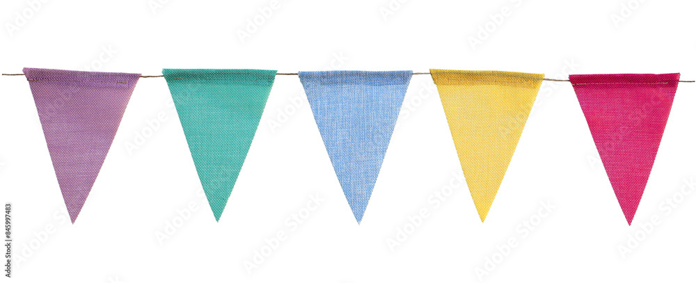 Pastel colorful bunting garland. Party flags on rope. Textured fabric ...