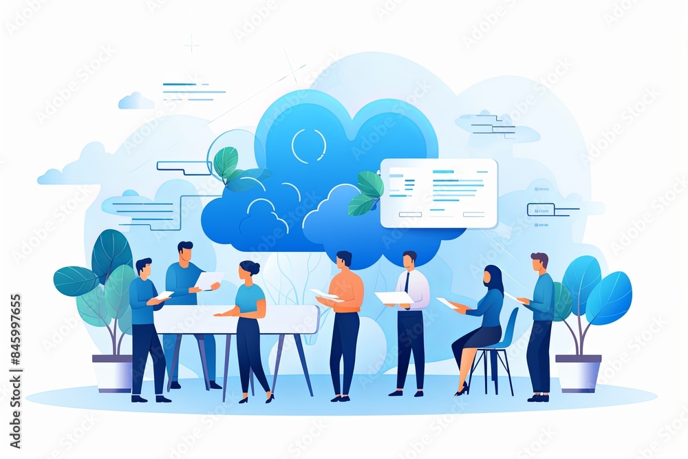 flat vector style illustration, a diverse group of people talking and collaborating flat vector style illustration, a diverse group of people talking and collaborating
