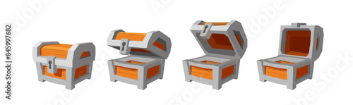 Wooden empty chest with different lid positions, realistic vector isolated.