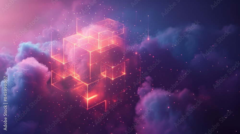 Fototapeta premium Casting a spell to transform digital clouds into a glowing network symbol amidst an isometric color spectrum.