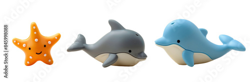 Playful Set of 3 Animal Toys - Dolphin, Whale, and Starfish on White Background photo