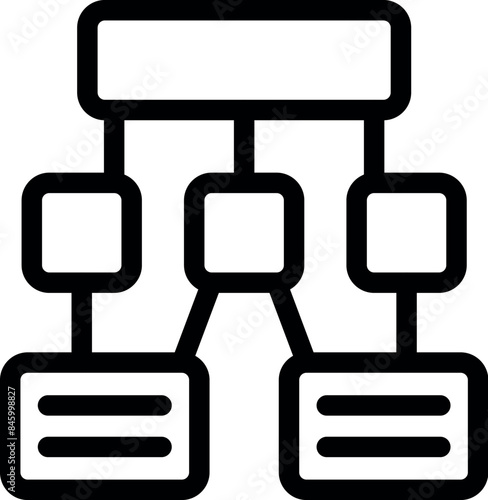 Simple hierarchical organization chart is connecting departments with lines and boxes