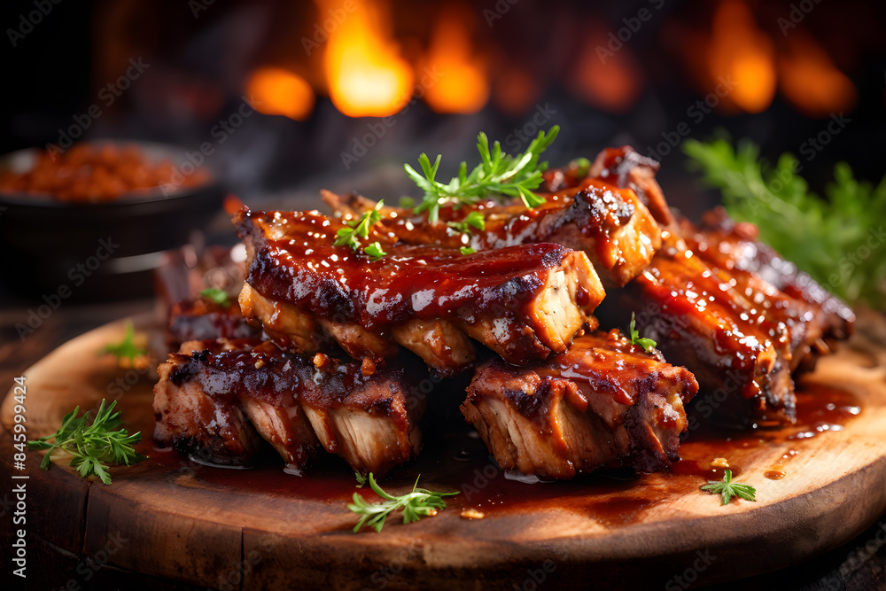 Herb-garnished glazed BBQ ribs on wooden board, fire backdrop