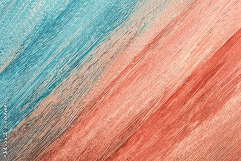 Obraz premium Vibrant mix of blue, orange, and pink hues on turquoise and coral wooden background. Diagonal composition with visible woodgrain, knots, and natural pattern