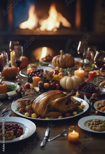 Thanksgiving Dinner in a Celebration Night in Front of the Fireplace