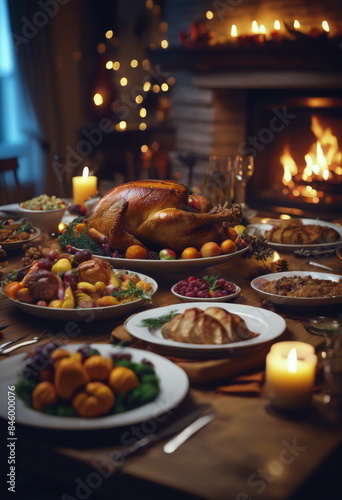 Thanksgiving Dinner in a Celebration Night in Front of the Fireplace