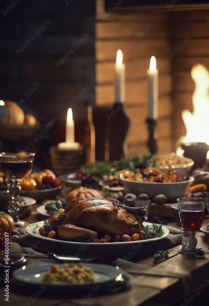 Thanksgiving Dinner in a Celebration Night in Front of the Fireplace Thanksgiving Dinner in a Celebration Night in Front of the Fireplace
