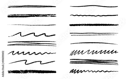 Chalk lines, charcoal highlight strokes doodle set. Pencil underlines, kids crayon strips, brush line in sketch style. Grunge texture. Hand drawn vector illustration isolated on white background