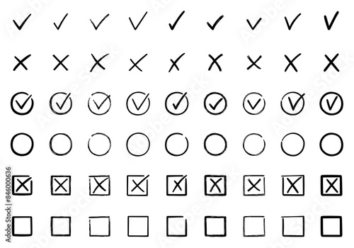 Check marks doodle set. Checkbox, checklist, tick and cross signs, v and x in sketch style. Hand drawn vector illustration isolated on white background