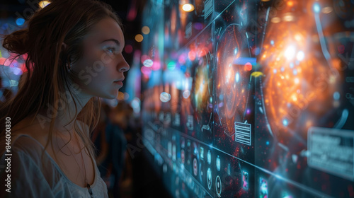 A woman stands in front of a large holographic display at a comic convention, seemingly interacting with the futuristic technology.