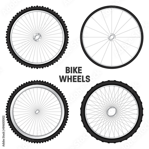Realistic 3d bicycle wheels. Bike rubber tyres, shiny metal spokes and rims. Fitness cycle, touring, sport, road and mountain bike. Vector illustration