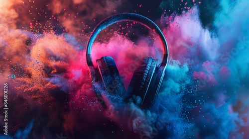 Headphones surrounded by vivid color powder. A creative concept blending music and festivals