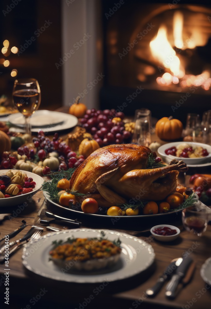Thanksgiving Dinner in a Celebration Night in Front of the Fireplace Thanksgiving Dinner in a Celebration Night in Front of the Fireplace