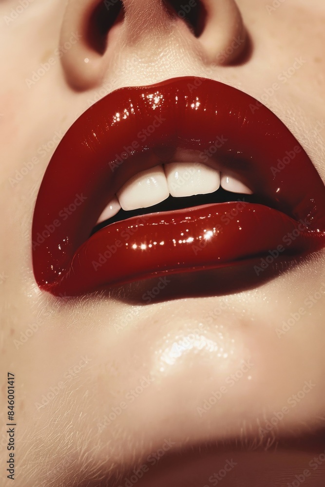 Obraz premium Bold Red Lips: Model's lips adorned with bold red lipstick. The close-up highlights the texture and shine of the lipstick. Fashion. Cosmetics. Beauty.
