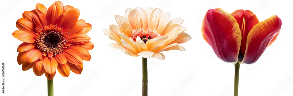 Vibrant Flower Trio - Pink Peony, Blue Hydrangea, Purple Orchid Blooms on White Background Vibrant Flower Trio - Pink Peony, Blue Hydrangea, Purple Orchid Blooms on White Background