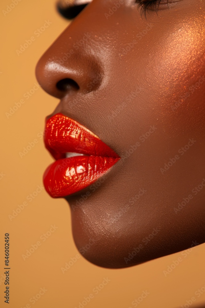 Bold Red Lips: Model's lips adorned with bold red lipstick. The close-up highlights the texture and shine of the lipstick. Fashion. Cosmetics. Beauty. Bold Red Lips: Model's lips adorned with bold red lipstick. The close-up highlights the texture and shine of the lipstick. Fashion. Cosmetics. Beauty.