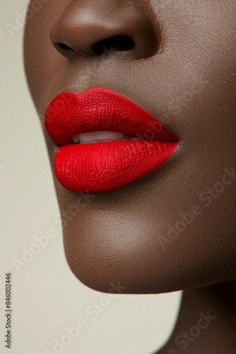 Bold Red Lips: Model's lips adorned with bold red lipstick. The close-up highlights the texture and shine of the lipstick. Fashion. Cosmetics. Beauty.