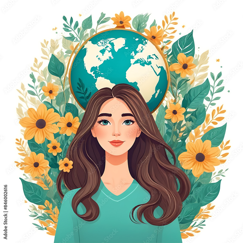 Mother Nature with Globe and Flowers Cartoon Floral Ecology Mother Nature with Globe and Flowers Cartoon Floral Ecology
