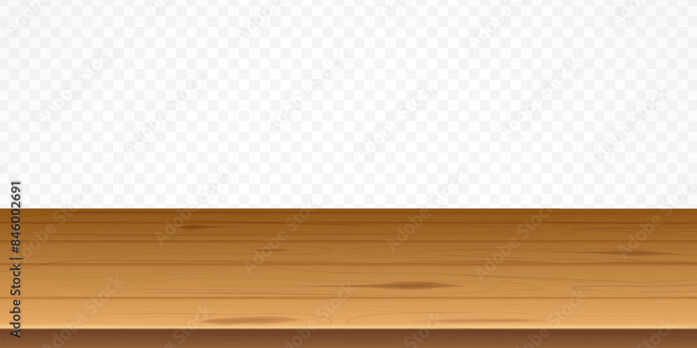 Naklejka premium Realistic wooden table. Wood tables top surface, kitchen shelf plank texture counter rustic desk brown board foreground background mockup template 3d isolated vector illustration
