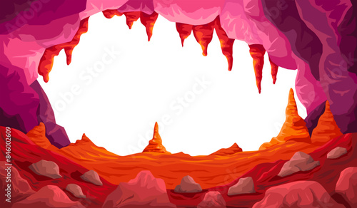 Cave entrance. Dungeon mine entry tunnel, antra clipart nature mystery caves cartoon background, rock stone ground stalagmites frame prehistoric adventure game vector illustration