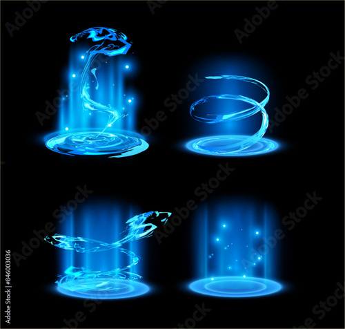 Beam frame effects game, blue futuristic ray, vector laser glow, energy aura or vortex, circle magic teleport tunnel