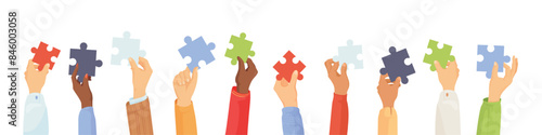 Diversity hands with puzzle. Employer multi ethnic race hand holding jigsaw pieces, business company work cooperation corporate integration office team concept vector illustration