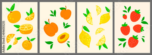 Abstract harvest fruits posters. Drawings appetizing fruit vintage minimalist art design poster, colorful isolated citrus orange peach apricot