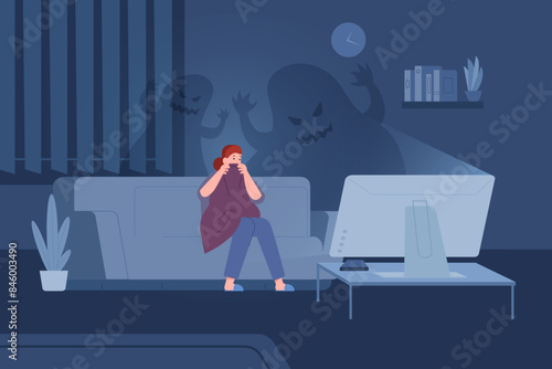 Scared woman on sofa. Afraid girl watching horror movie tv alone at home couch, watch night thriller television entertaining monsters fear scene vector illustration