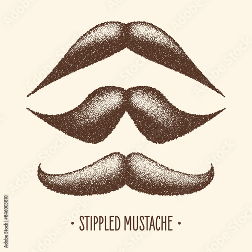 Brown stippled vintage mustache. Curly facial hair. Hipster beard. Stippling, dot drawing and shading, stipple pattern, halftone effect. Vector illustration