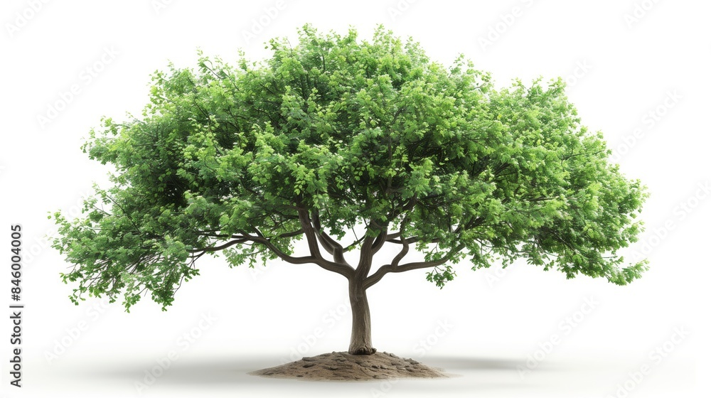 A single green tree with lush leaves stands against a white background A single green tree with lush leaves stands against a white background