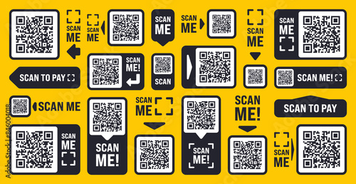 Scan me QR code sticker with text. Online payment. Special offer sale stickers, shopping discount label, promotional badge. Product serial number. Supermarket retail price tag. Vector illustration