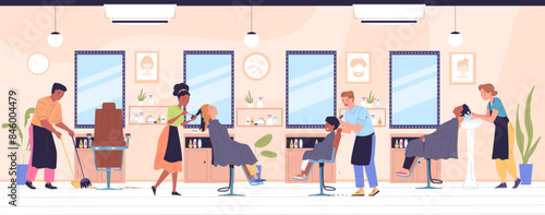 Clients in hairdresser salon. Hairstylist working cut people on chair at mirror, barbershop haircut service saloon interior haircutter happy customers