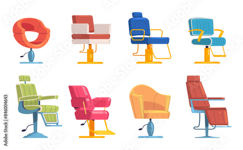 Barber chairs. Barbershop salon isolated chair or massage armchairs for hairdresser modern interior, hairdressing barbering shop studio cartoon icons classy vector illustration
