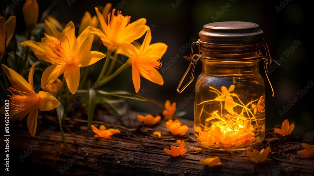 Ethereal fireflies gracefully dancing on a stunning backdrop of blooming flowers Ethereal fireflies gracefully dancing on a stunning backdrop of blooming flowers