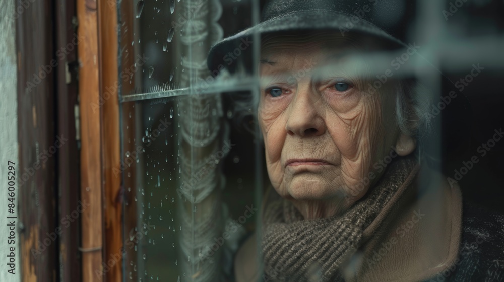 Fototapeta premium Elderly woman in hat looking through rainy window